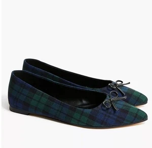 NWT & Box J Crew $128 Black Watch Plaid Pointed-Toe Flats | Sz 7.5 | Green Navy - Picture 1 of 2