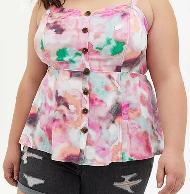 Torrid Plus Size 2 Watercolor Twill Fit & Flare Tank Top Sweetheart Neck Button - Image 1 of 4