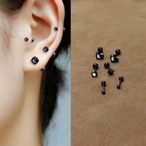 Womens Round Black CZ Crystal Screw Back Earrings Surgical Steel Ear Stud 2Pcs - Picture 1 of 6