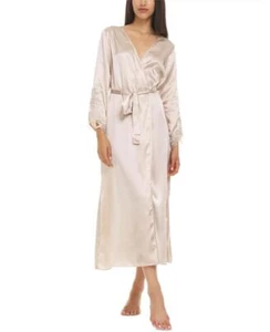 Flora Women's Almond Stella Satin Venise Lace Trim Floor-Length Robe Size L - Picture 1 of 2