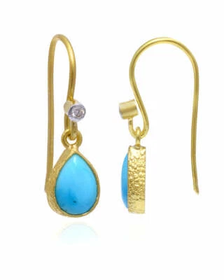 1.08Cttw Turquoise Gemstone Hook Earrings Real 18K Yellow Gold Diamond Jewelry - Image 1 of 4