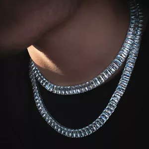 Catena tennis uomo baguette vero oro bianco massiccio 18 kt completamente allagata diamante - Foto 1 di 4