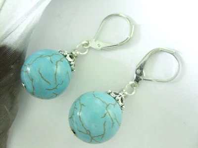 14 mm Türkis  Howlith Ohrringe Ohrhänger Earrings mit Brisuren rhodiniert - Bild 1 von 2