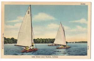 SAILBOATS on WATER Sail Boats Lake Scene Near Goshen Indiana Postcard IN Linen - Picture 1 of 2