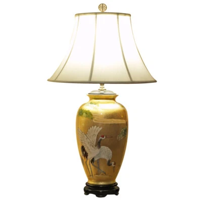 US Seller - Gold Leaf Longevity Cranes Motif Chinese Ceramic Lamp - Image 1 of 3