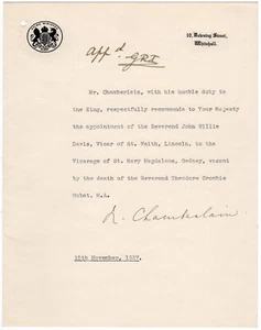 Jorge VI, Rey y Chamberlain, Neville - Documento firmado por ambos - Imagen 1 de 1