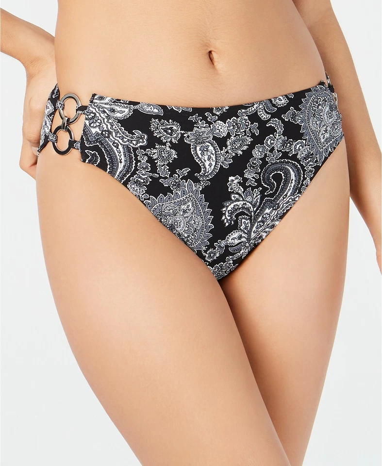 Michael Kors Women's Black Gray Paisley Side Ring Bikini Bottoms Size M