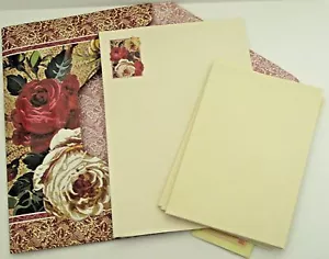 Cancelleria vintage color ecrù in busta disegnata peonia, usata 8 fogli 10 env - Foto 1 di 2
