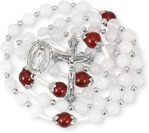 Collana rosario perle giada bianca pietra granato rosso perle misteriose medaglia miracolosa - Foto 1 di 6