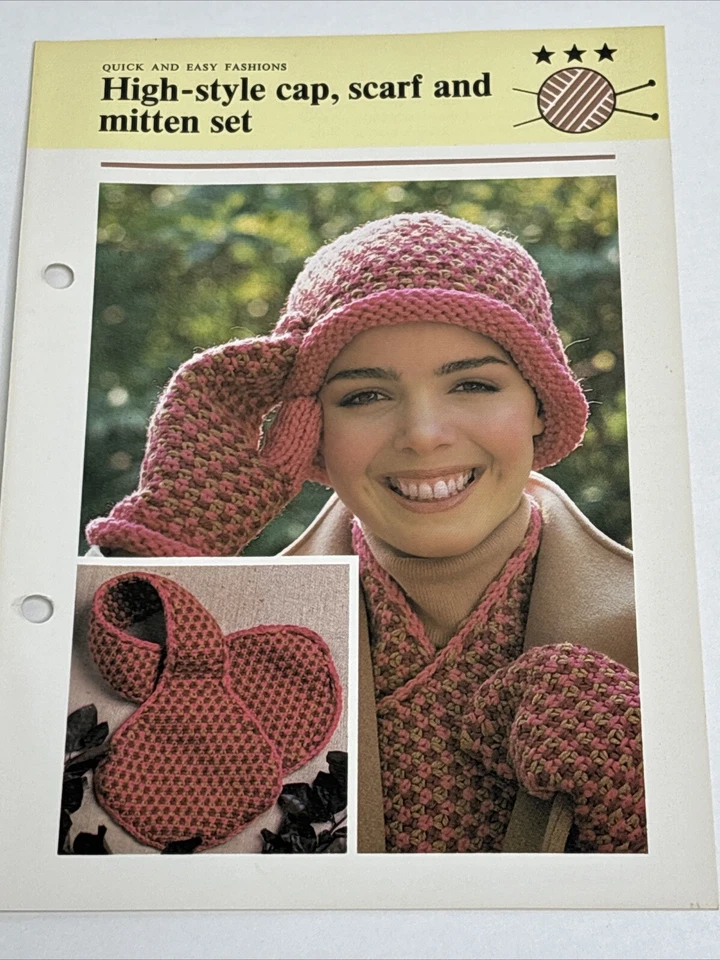 High Style Cap Scarf and Mitten Women's Set Knitting Pattern Card - Image 1 of 4