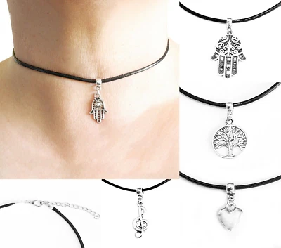 Collana NERA + CIONDOLO Argento con Mano di fatima Albero della vita Uomo Donna - Immagine 1 di 4