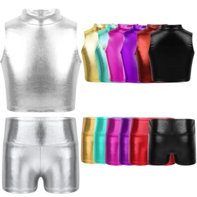 UK Kids Girls Shiny Metallic Dance Outfit Crop Tank Tops with Shorts Gym Stage - Image 1 of 3