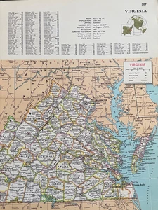 Mapa de Virginia Occidental de Colección 9x12 Color Mapa del Estado 1967 Atlas Hammond Arte de Pared - Imagen 1 de 6