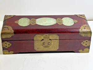 Vintage Shanghai 10”x4” RoseWood Brass Jewelry Box Carved Jade Medallion Asian - Picture 1 of 14