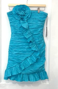 Neu mit Etikett Liv Foster Damen blau Crushed Stretch Taft Rosette Minikleid, US 10 - Bild 1 von 16