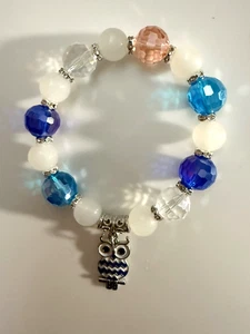 Multi Faceted Bead Stretch Bracelet with White Gemstone Beads & Silver Owl Charm - Picture 1 of 2