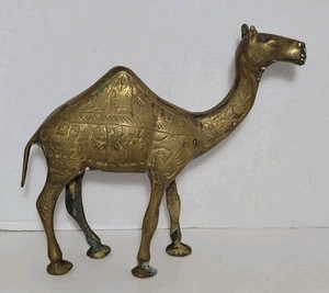 Vintage Solid Brass Etched Camel Figurine Statue Egyptian Scene Decor - Picture 1 of 15