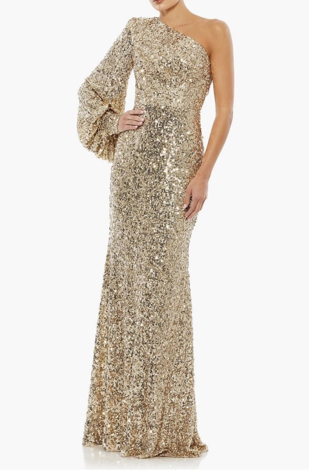 Mac Duggal Sequined One Shoulder Bishop Sleeve Trumpet Gown Gold Women's Size 8 - Image 1 of 4