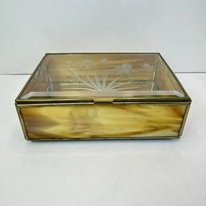 Vtg Glass Etched Flowers Brass Jewelry Box W/ Stained Glass Sides Mirror Bottom - Picture 1 of 14