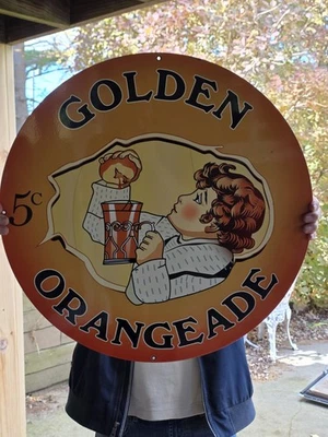 HUGE VINTAGE GOLDEN ORANGEADE PORCELAIN HEAVY METAL ORANGE DRINK SIGN 24" - Image 1 of 4