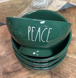 PEACE Set of 4 Footed All Purpose Bowls 5.5" RAE DUNN Green Christmas Holiday - Picture 1 of 8
