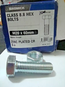 M20 x 60mm Hex Head Bolt &Nut Hi Tensile G8.8 QTY of 10(X) ZP Bremick - Picture 1 of 4