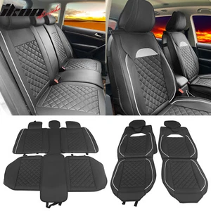 Universal Front Back Car Seat Cover 03 Style Black + White PU Leather 5-Seat Set - Picture 1 of 17