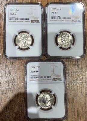 Lote de (3) 1934 Washington Quarter NGC MS65 lema pesado recém-classificado - Imagem 1 de 4