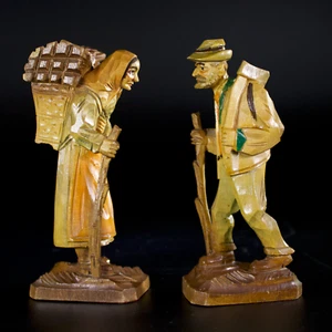 Coppia di contadini intagliate a mano legno dipinto arte popolare coppia figure vintage - Foto 1 di 12