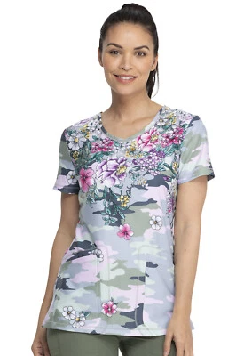 Flower Frenzy Camo Dickies Scrubs Dynamix V Neck Top DK618 FOFZ - Image 1 of 4