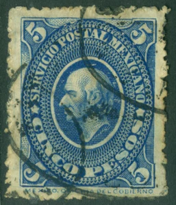 MEXICO 1884 Hidalgo - High values - 5 Pesos blue Scott # 163 used - Picture 1 of 2