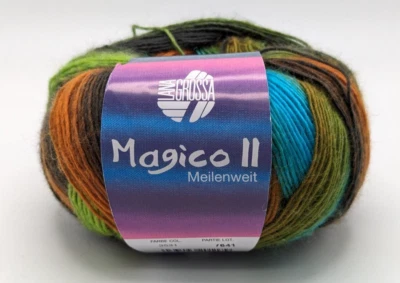 1 BALL LANA GROSSA MEILENWEIT MAGICO II SOCK YARN GREEN/RUST/TURQUOISE - Image 1 of 3