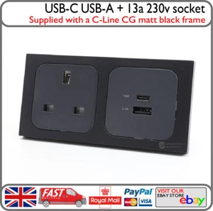 C-Line 12v USB-C USB-A & Mains 240v 13a Socket Matt Black Frame Campervan Boat - Picture 1 of 7