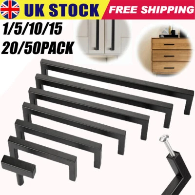 Kitchen Door Handles Black Handles Cupboards Cabinet Square Bar Wardrobe Drawer - Image 1 of 4