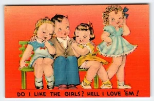Postal de lino vintage - niños divertidos "¿Me gustan las niñas? Hell I Love 'Em!" C-21 - Imagen 1 de 2