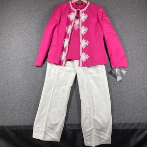 NWT Kasper 3 Piece Outfit Pants Jacket Shirt Womens 8 Pink White Linen Rayon - Picture 1 of 18