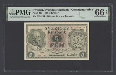 Sweden 5 Kronor 1948 P41a "Commemorative" Uncirculated Grade 66 - Image 1 of 2