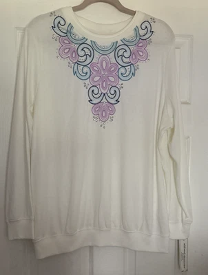 Camisa Top Blusa Alfred Dunner Marfil 1X Larga Fin de Semana Bordada Babero Manga Larga Foto 1 de 3