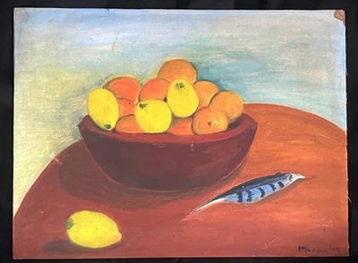 Oil Painting Still Life Naive Folk Art Americana Bowl of Fruit Oranges & Lemons - Image 1 of 4