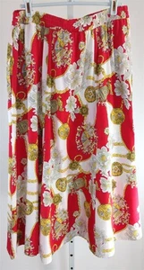 Falda midi de colección años 70 JOYCE suave poliéster colorido estampado rojo cintura elástica talla 14 - Imagen 1 de 5