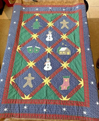 Vintage 90's "CHRISTMAS CABIN SILENT NIGHT" 2pc Twin QUILT SET Snowman 81"x83" - Image 1 of 4