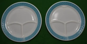 2 Vintage PYREX  791-10 RESTAURANT WARE Divided Plates Milk Glass BLUE BORDER - Picture 1 of 1