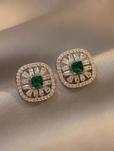 14K Yellow Gold Plated 2 Ct Princess Lab-Created Green Emerald Stud Earring - Picture 1 of 4