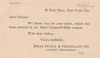 Postal de colección de 1922 de Ideal Cocoa & Chocolate Co Contest Park Place NY Foto 1 de 2