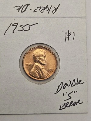 wheat penny 1955 ERROR 5/5 LINCOLN CENT 1955-P DOUBLE ''5'' RED BU LOT #1 UNC  - Image 1 of 4