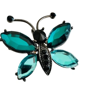 Gunmetal w/ Green & Black Rhinestones Butterfly Pin Brooch Estate Jewelry - Picture 1 of 14