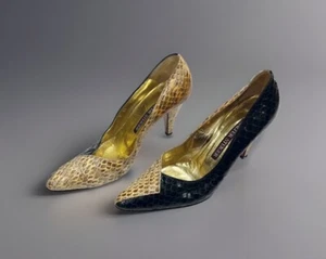 Vintage WALTER STEIGER Heels Shoes 8 AA Black Leather Snake Tan Gold Italy - Picture 1 of 9