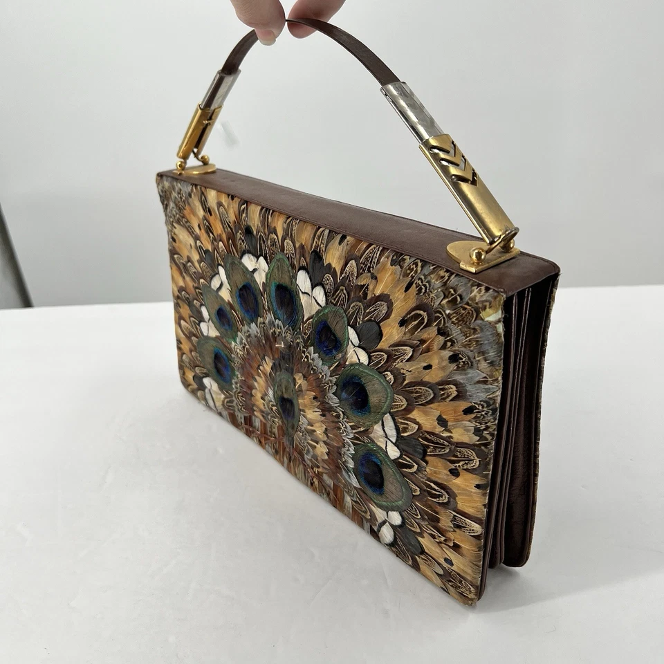 De Colección Pluma de Pavo Real Bolso sin asas Bolso de mano Boho Festival Hippie 60’s 70’s Retro Foto 1 de 4