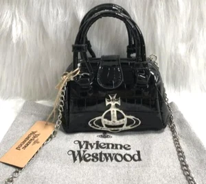 Mini Bolso de Hombro Vivienne Westwood Bolso de Mano Cuero Negro Plata Orbe Cadena Correa - Imagen 1 de 6