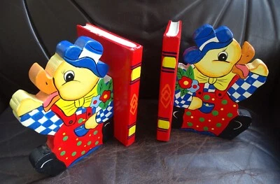 anciens Serre Livres enfant en bois peint décor canard  rétro vintage 90s 2000s - Photo 1/4